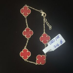 Pulsera con flores rojas oro 14k